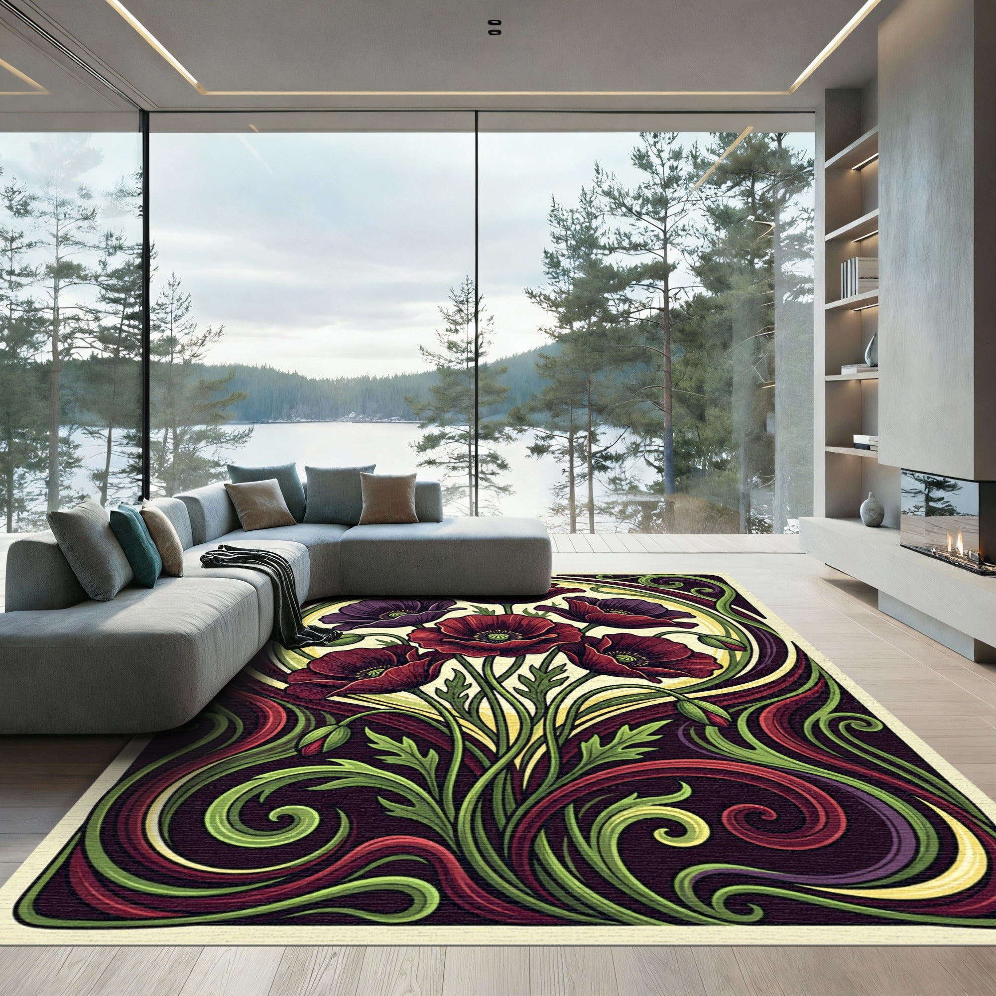 Art Nouveau Burgundy Poppy Floral Cream Rug