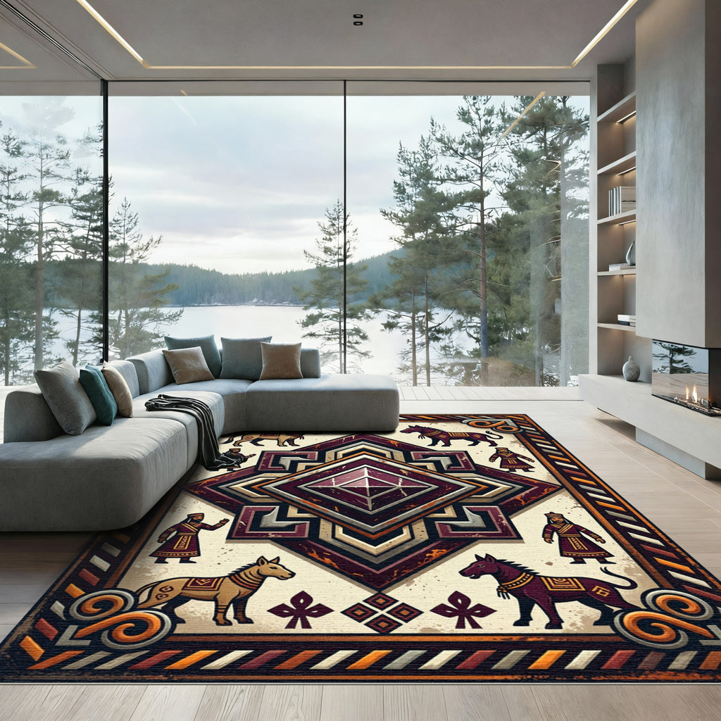 Ancient Emblematic Maroon Geometric Diamond Area Rug