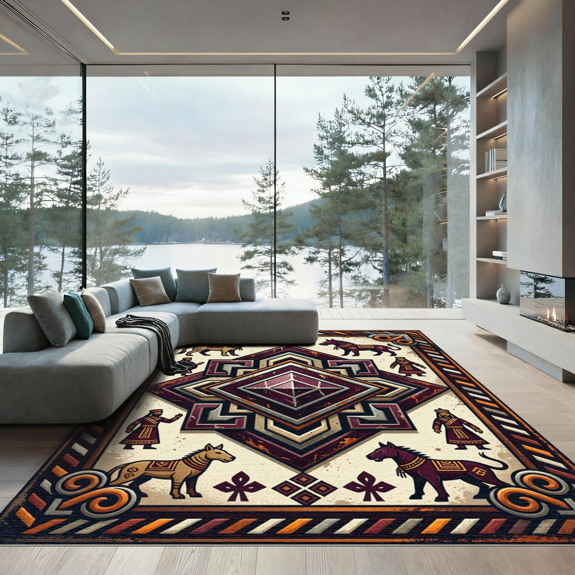 Ancient Emblematic Maroon Geometric Diamond Area Rug