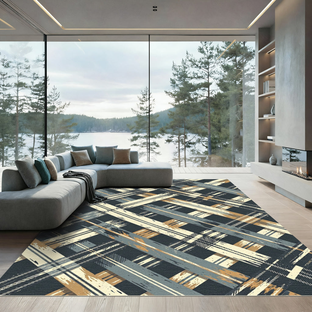 Abstract Plaid Crosshatch Charcoal Ochre Rug