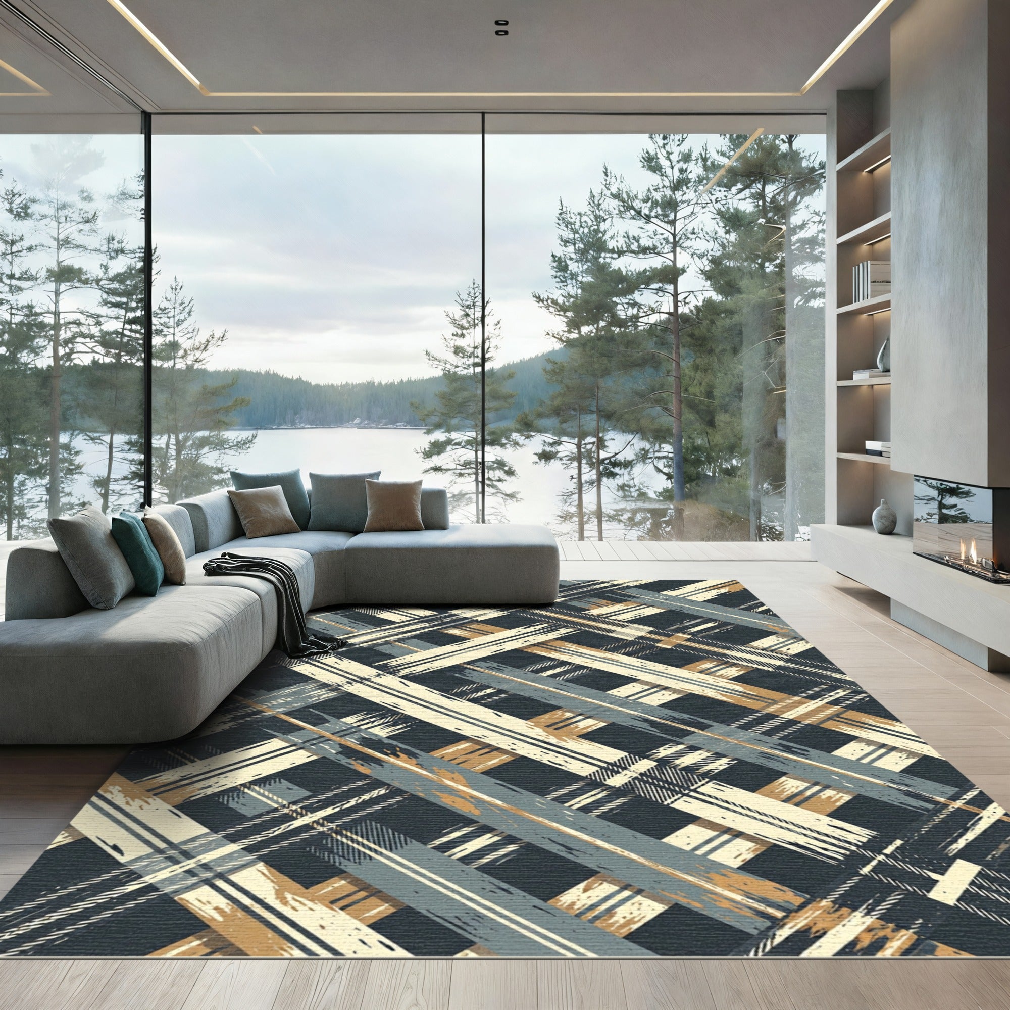 Abstract Plaid Crosshatch Charcoal Ochre Rug