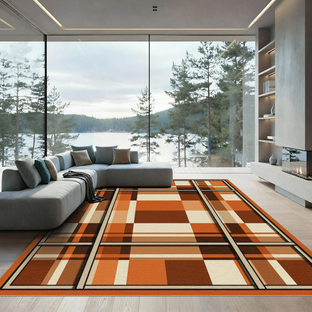 Earthy Terracotta Plaid Windowpane Rug
