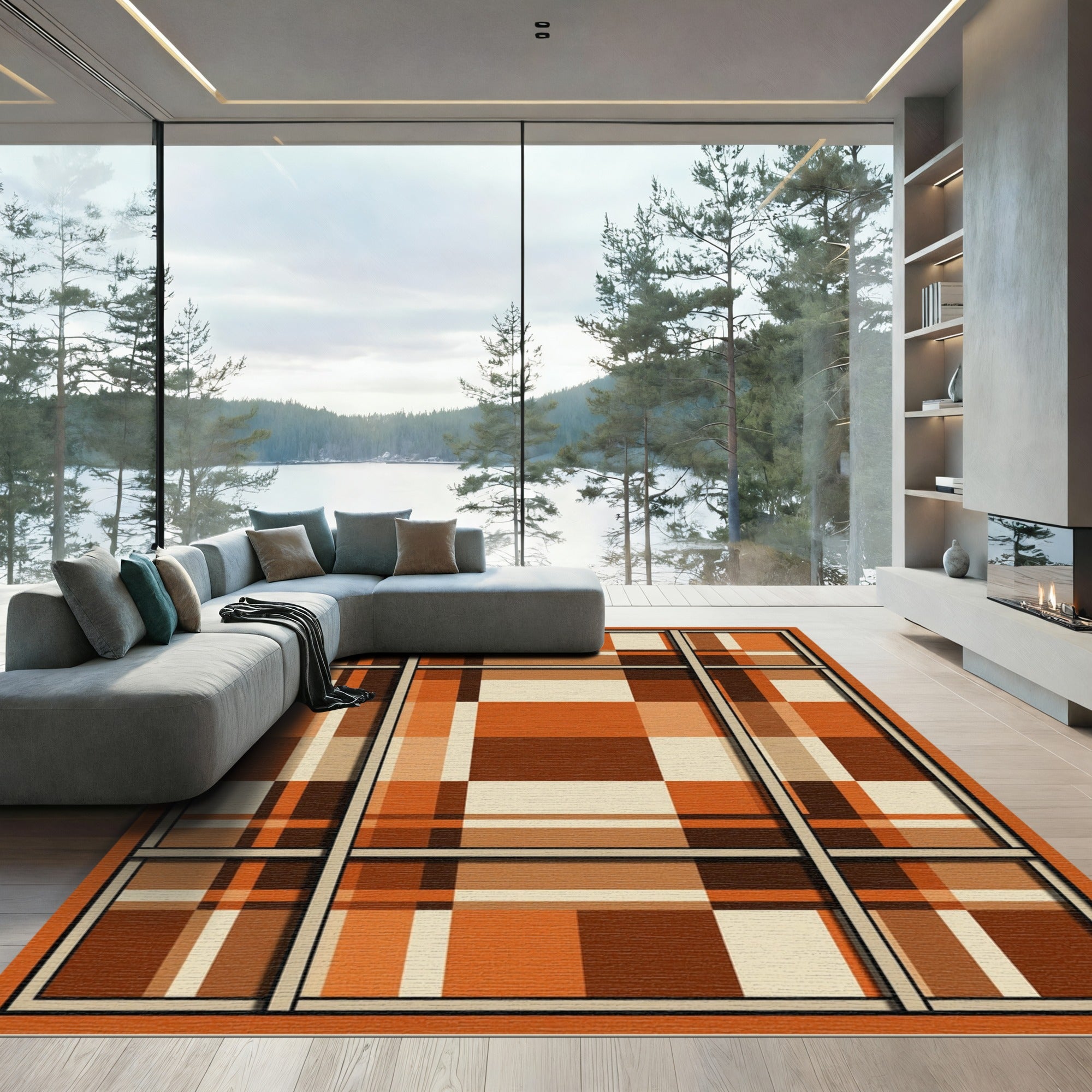Earthy Terracotta Plaid Windowpane Rug