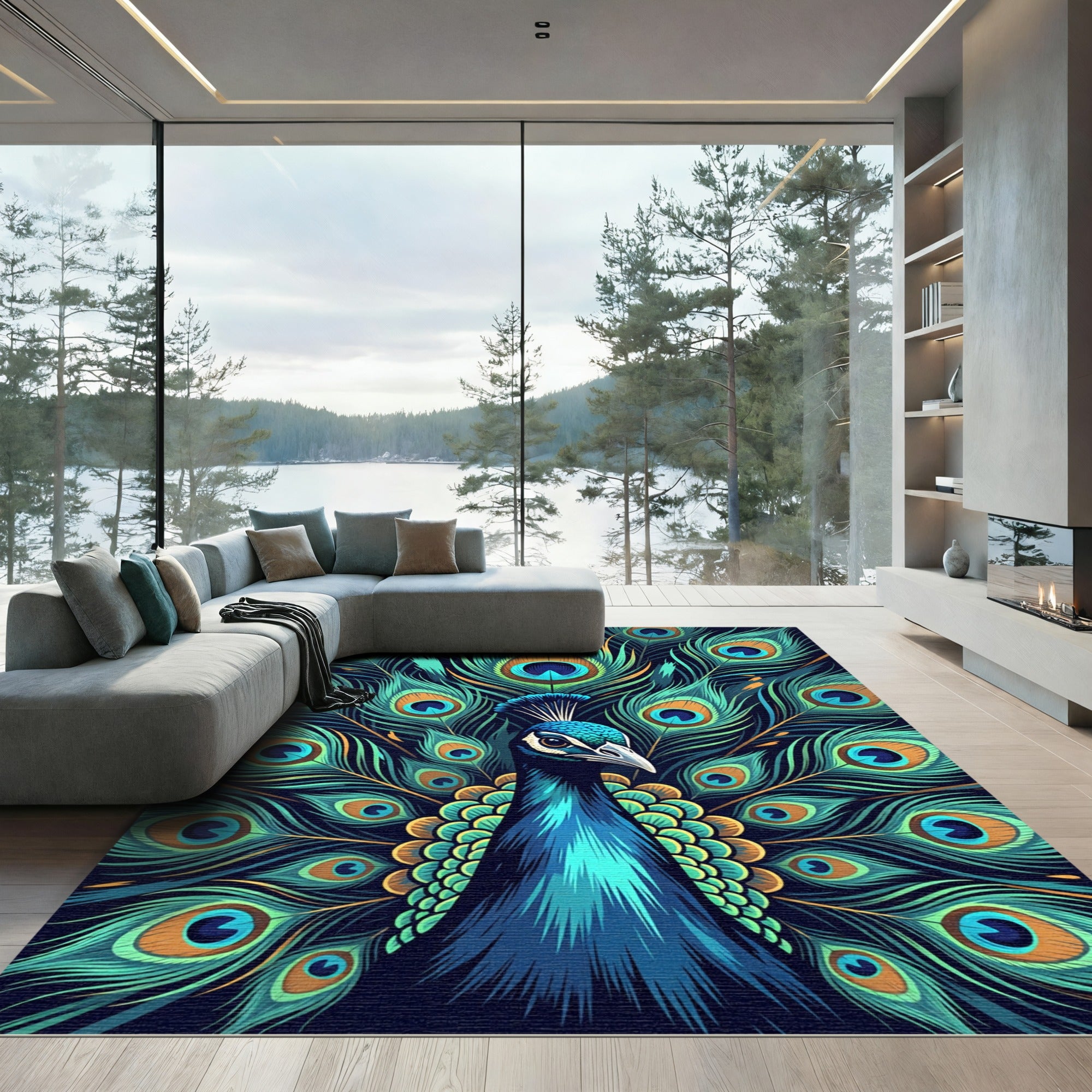 Vibrant Teal Peacock Feather Radiance Rug