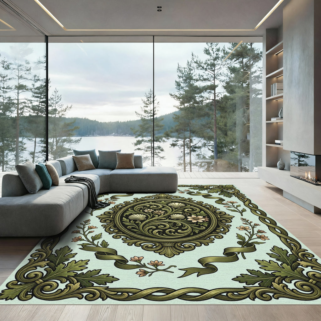 Elegant Sage Shell Scroll Floral Medallion Rug