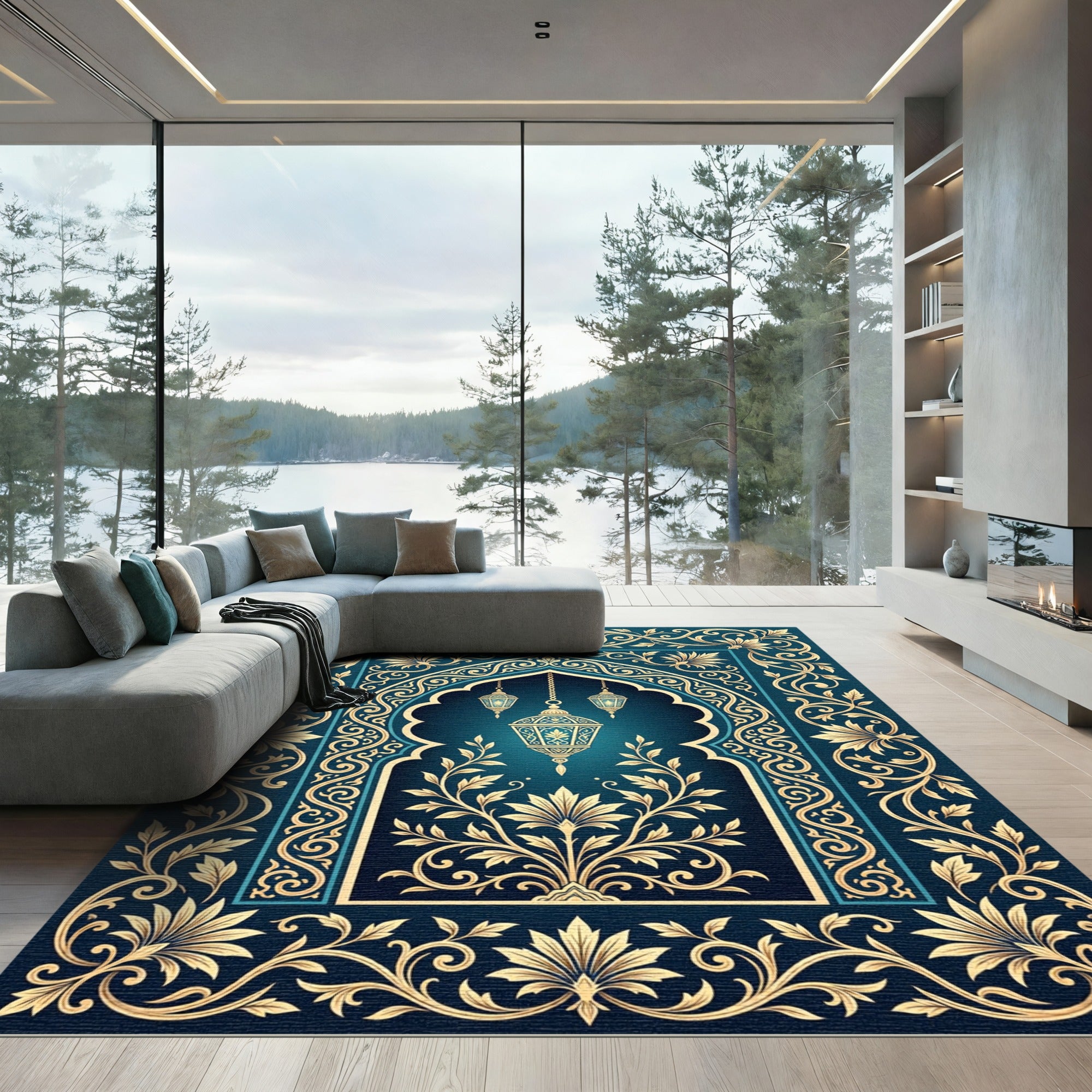 Azure Gold Ornate Arch Lantern Rug