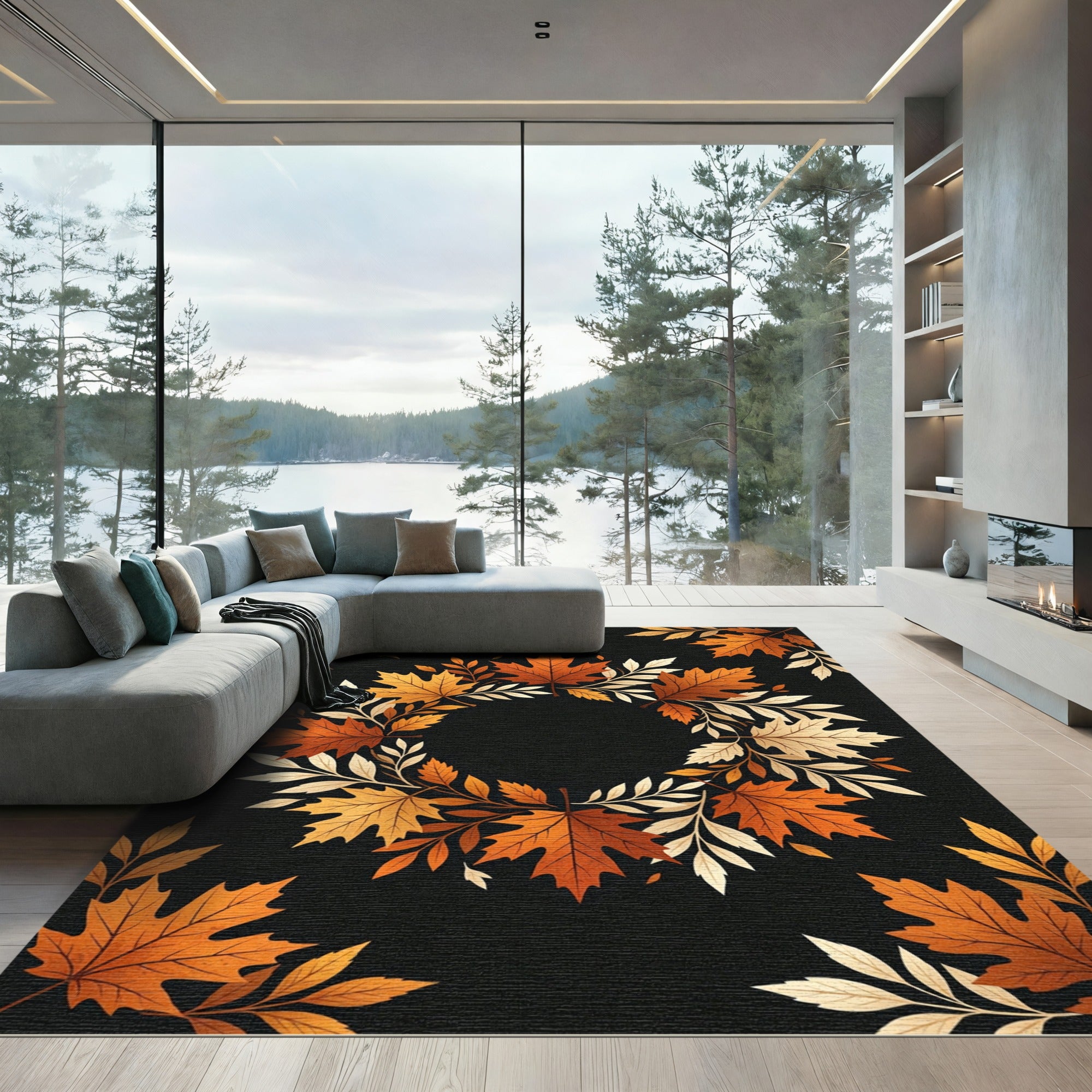 Autumn Maple Leaf Wreath Black Frame Rug