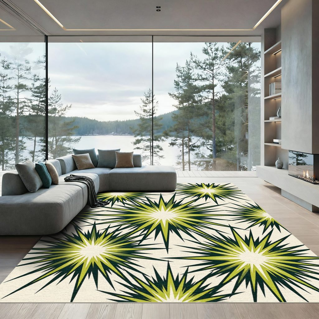 Mid-Century Olive Green Sunburst Rug