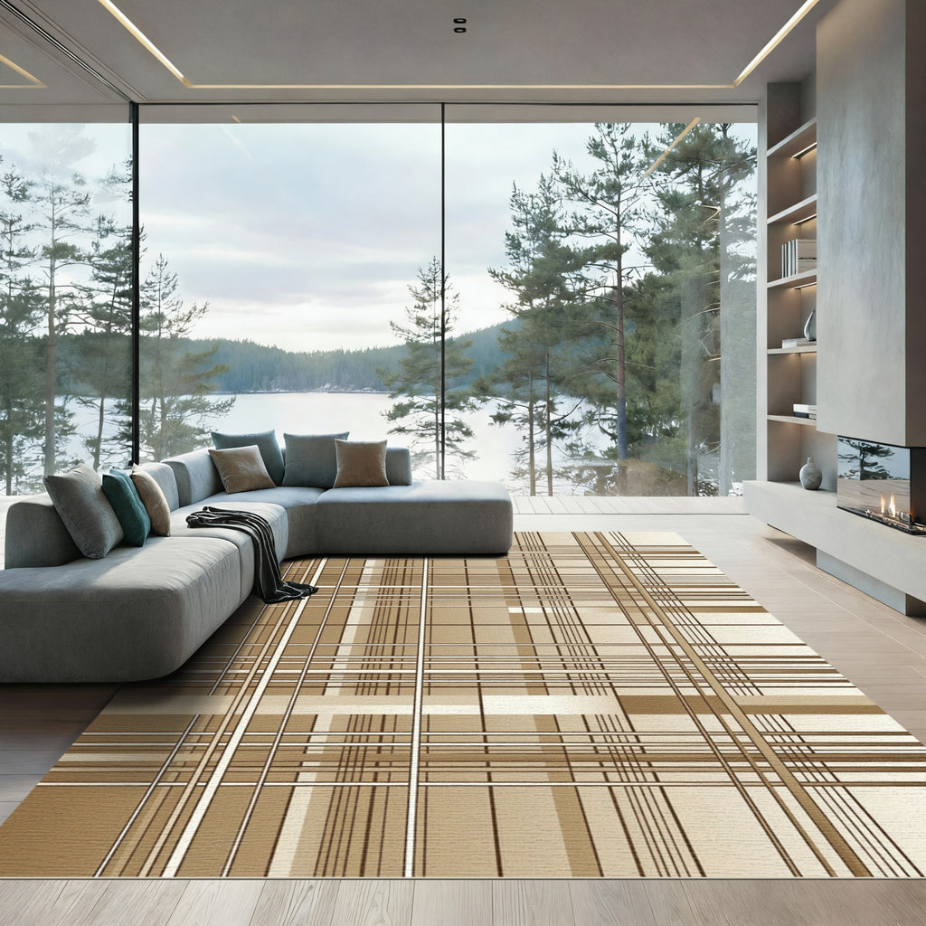 Neutral Beige Abstract Grid Linear Rug