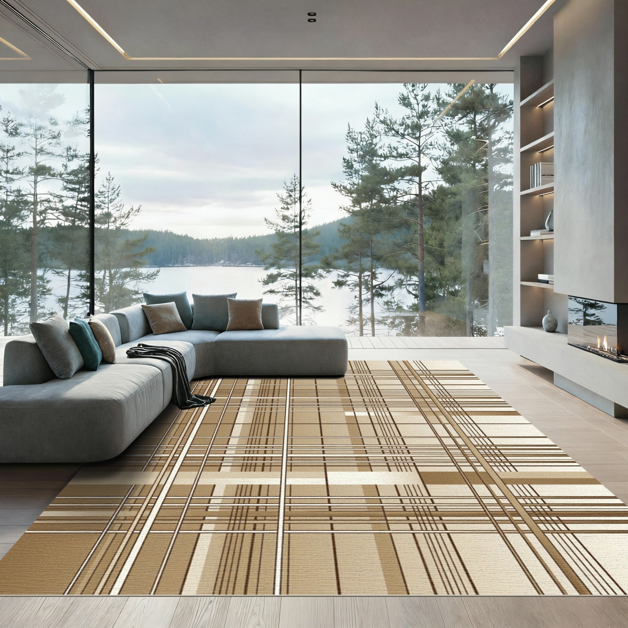 Neutral Beige Abstract Grid Linear Rug