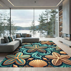 Golden Starfish Aqua Waves Seashell Medallion Rug