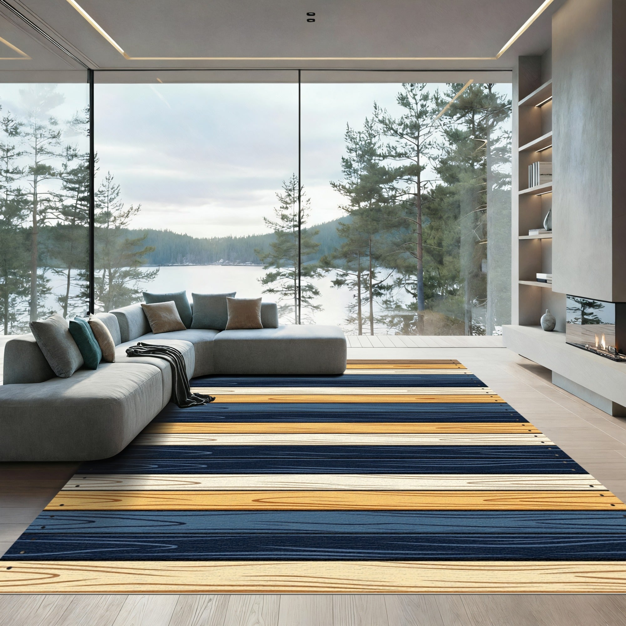 Modern Striped Multicolor Nautical Wood Plank Rug