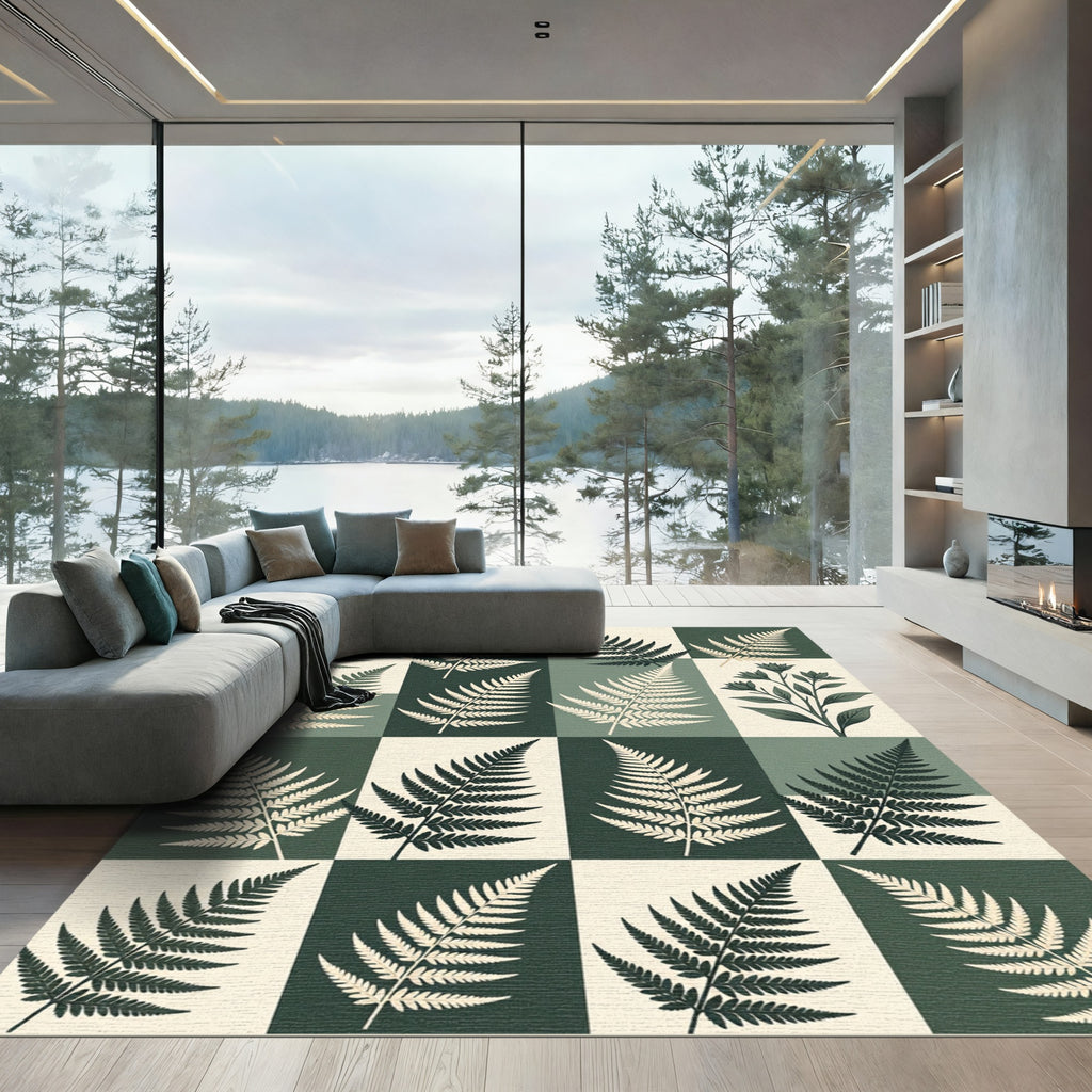 Sage Green Botanical Fern Grid Rug
