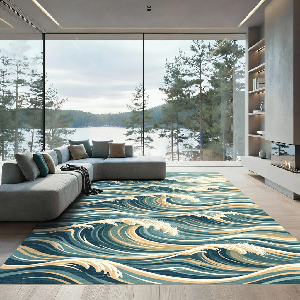 Deep Teal Ocean Wave Flow Rug