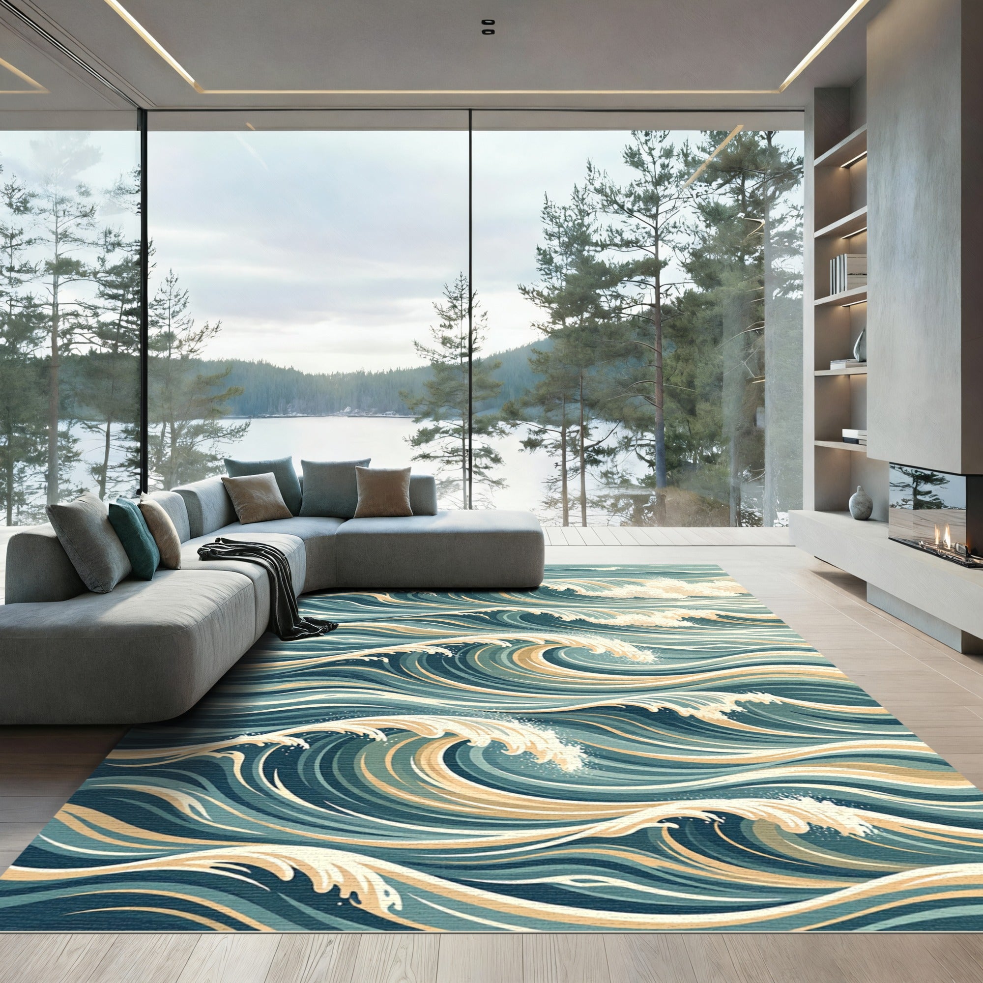 Deep Teal Ocean Wave Flow Rug