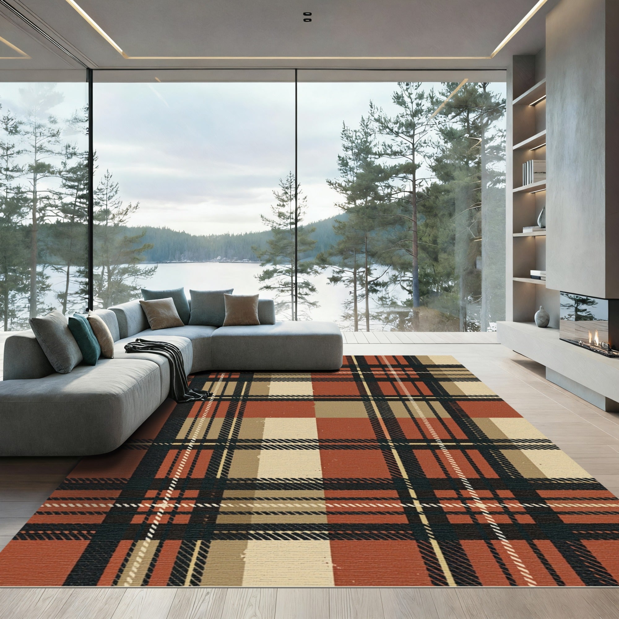 Classic Earthy Red Cream Plaid Rug