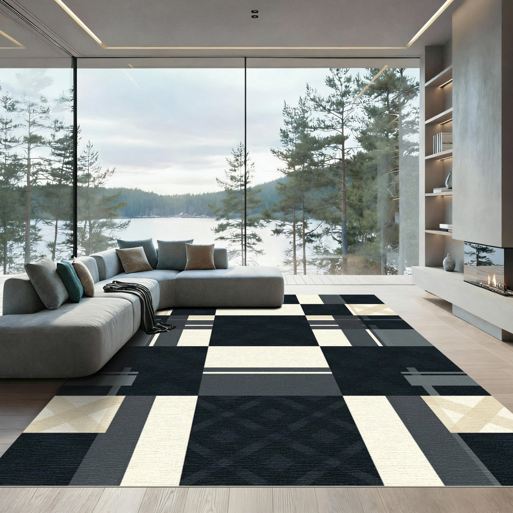 Dark Gray Cream Plaid Geometric Checks Rug