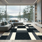 Dark Gray Cream Plaid Geometric Checks Rug