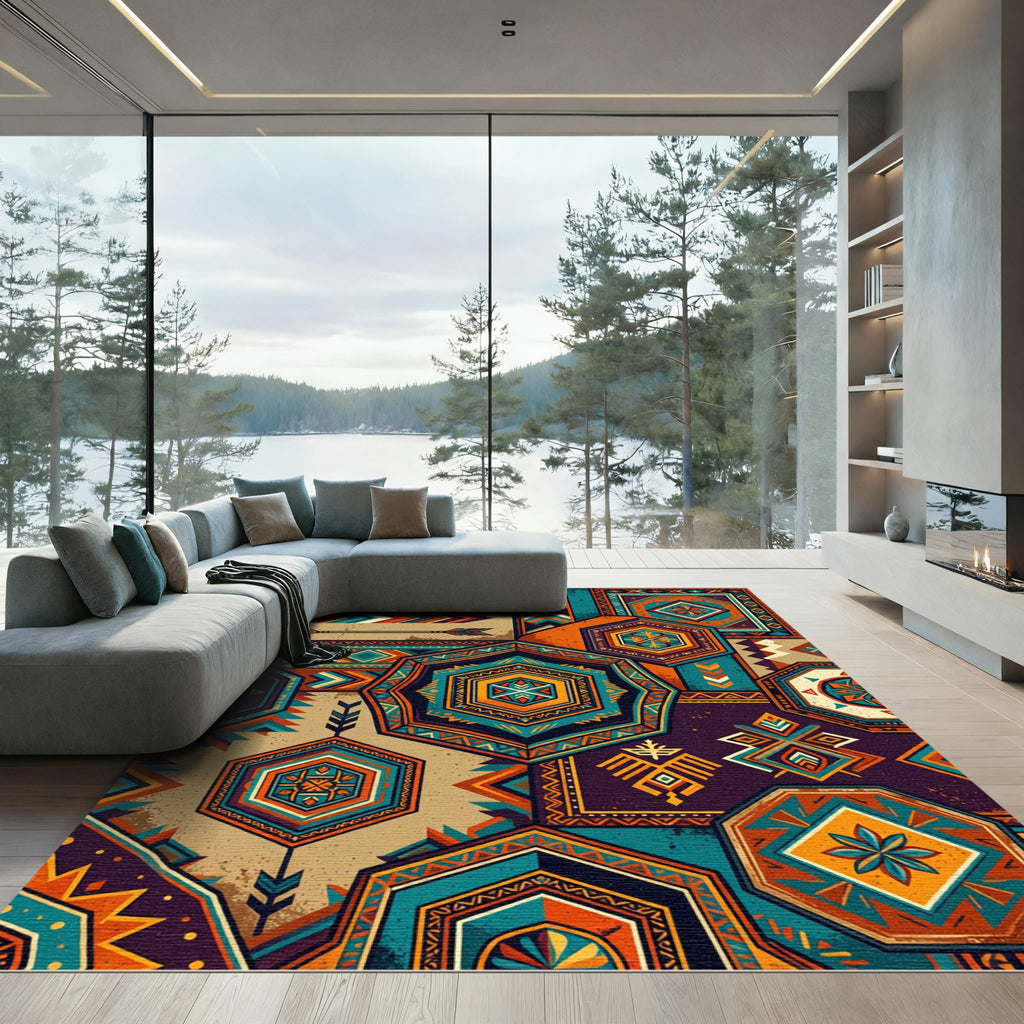 Bold Teal Orange Geometric Tile Rug