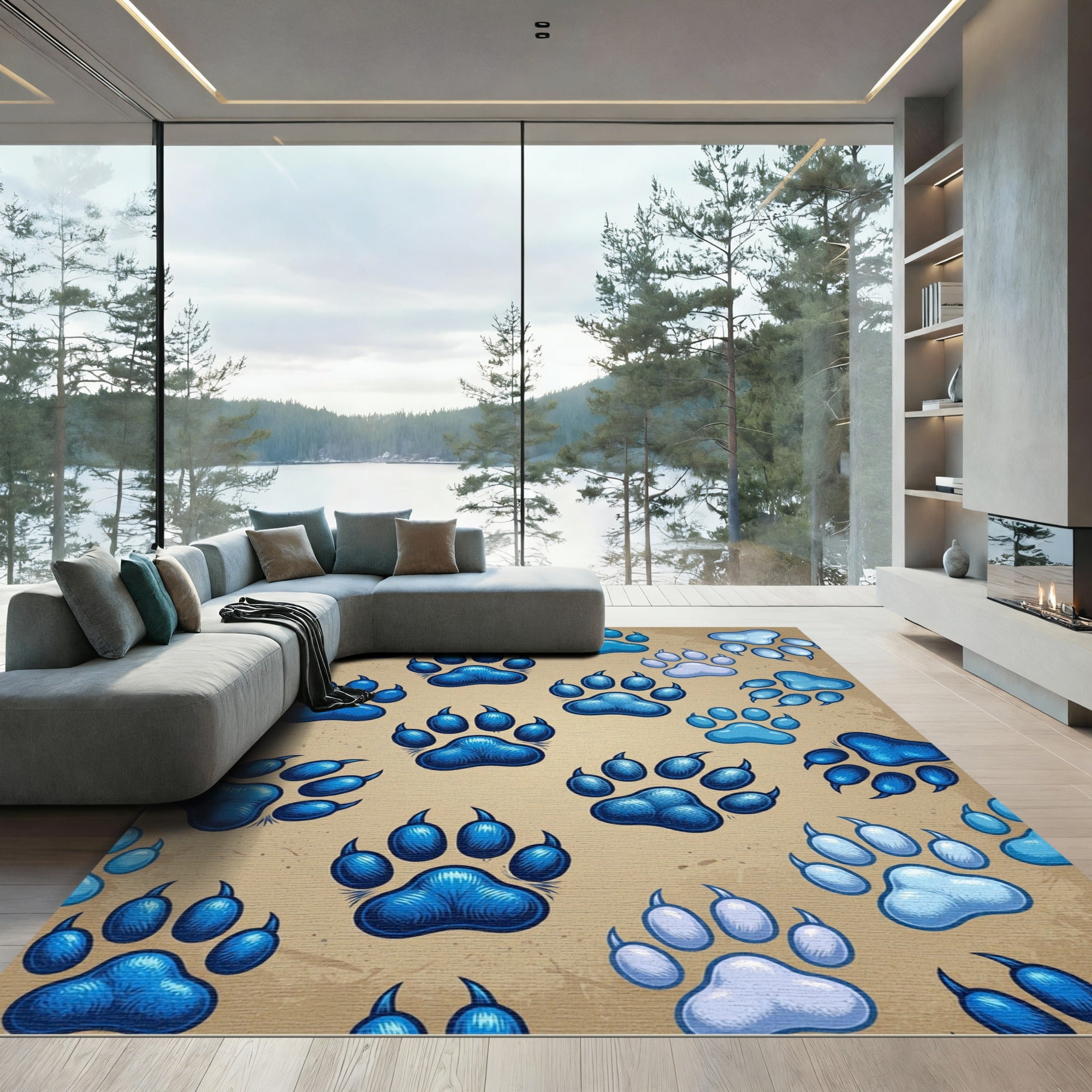 Bold Blue Paw Prints Scattered Rug