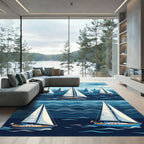 Numerous Blue White Sailboats Sailing Ocean Rug