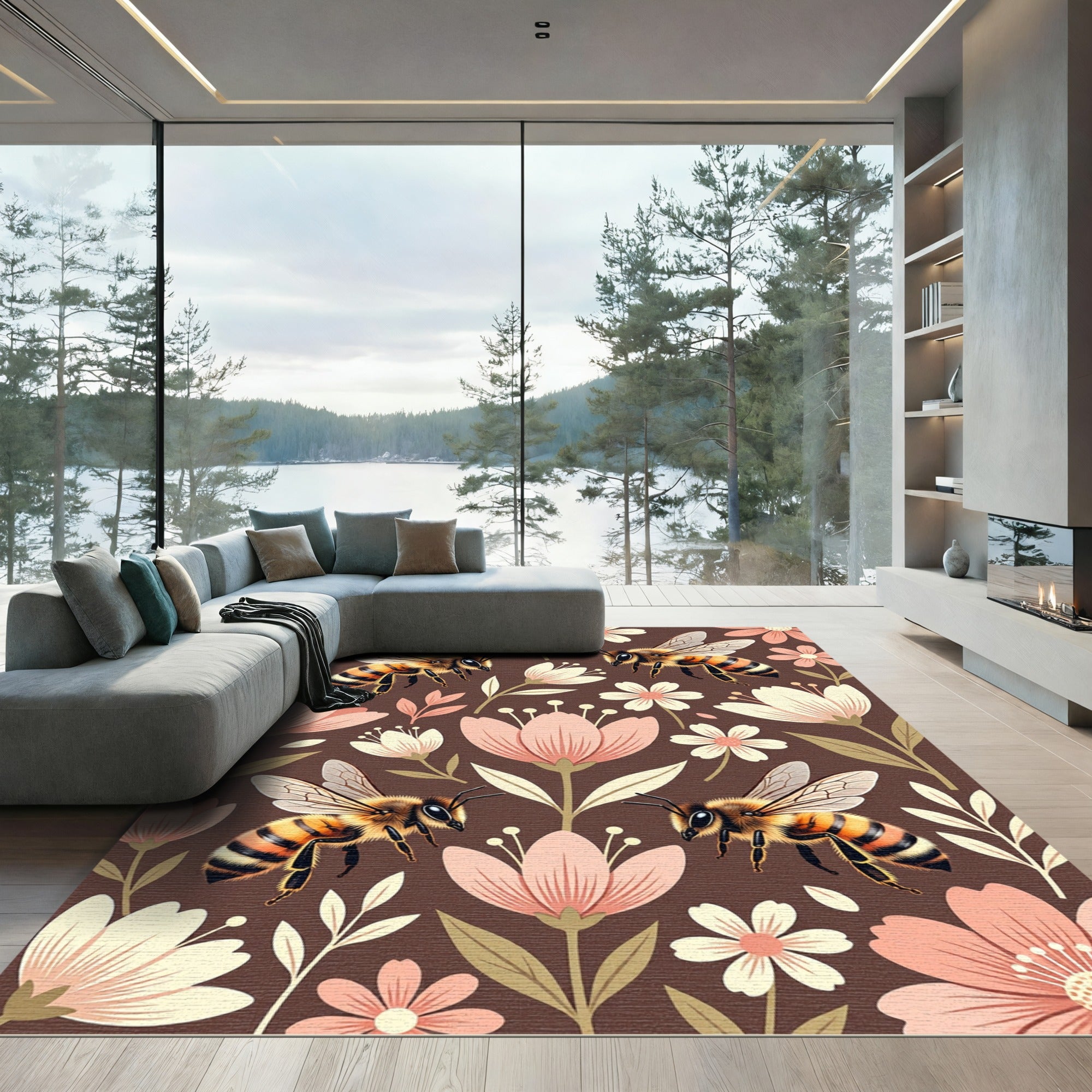 Earthy Brown Bees with Blush Florals Rug
