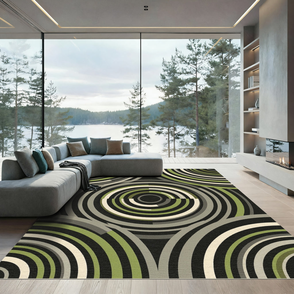 Modern Circular Olive and Charcoal Geometric Rug