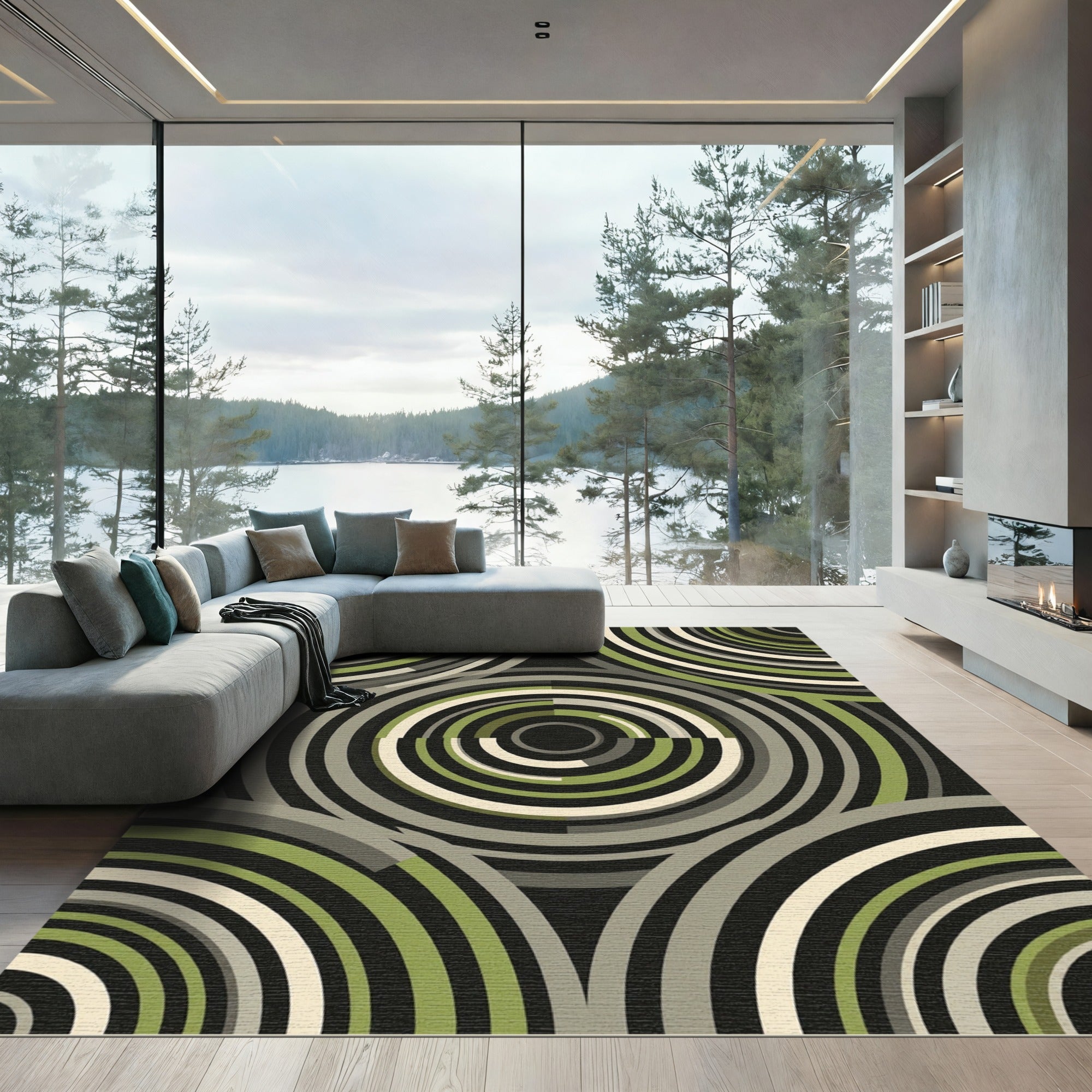 Modern Circular Olive and Charcoal Geometric Rug
