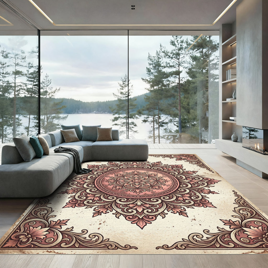 Vintage Rose Gold Ornate Filigree Medallion Rug