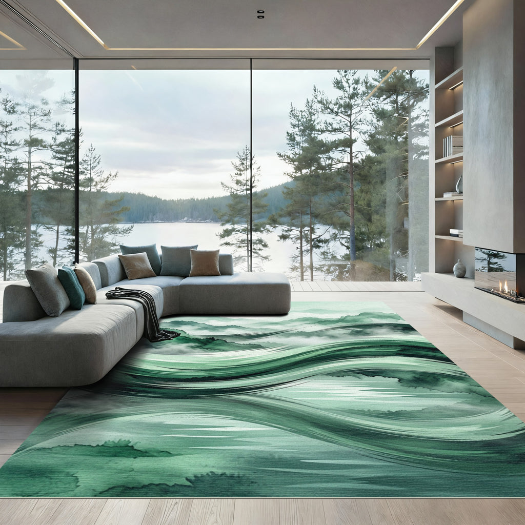 Abstract Emerald Swirl Forest Mountain Landscape Rug