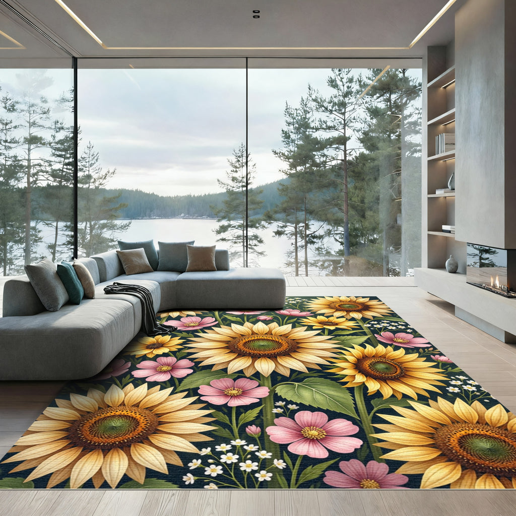 Whimsical Golden Sunflower and Pink Floral Garden Rug