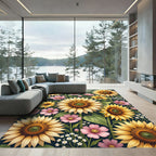 Whimsical Golden Sunflower and Pink Floral Garden Rug
