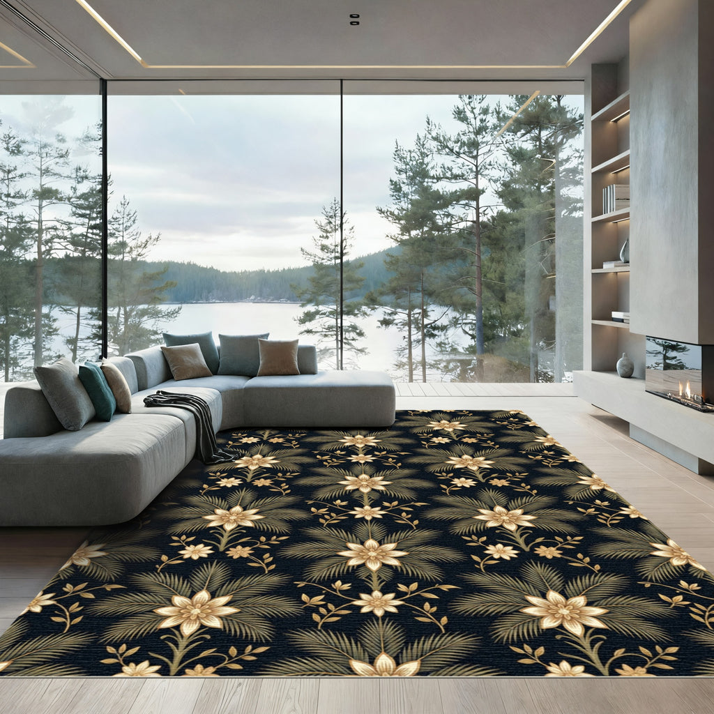 Golden Palm Floral Dark Botanical Rug