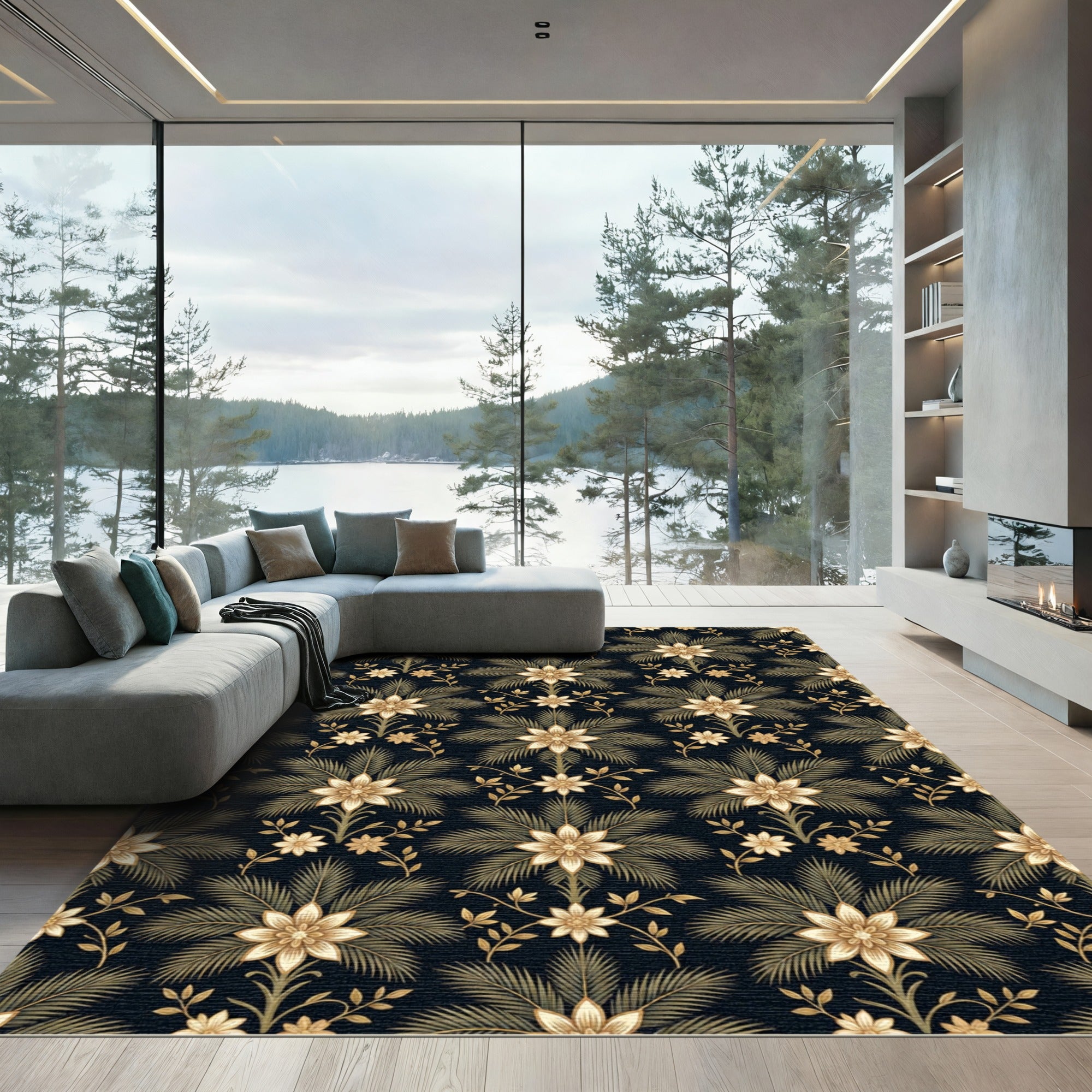 Golden Palm Floral Dark Botanical Rug