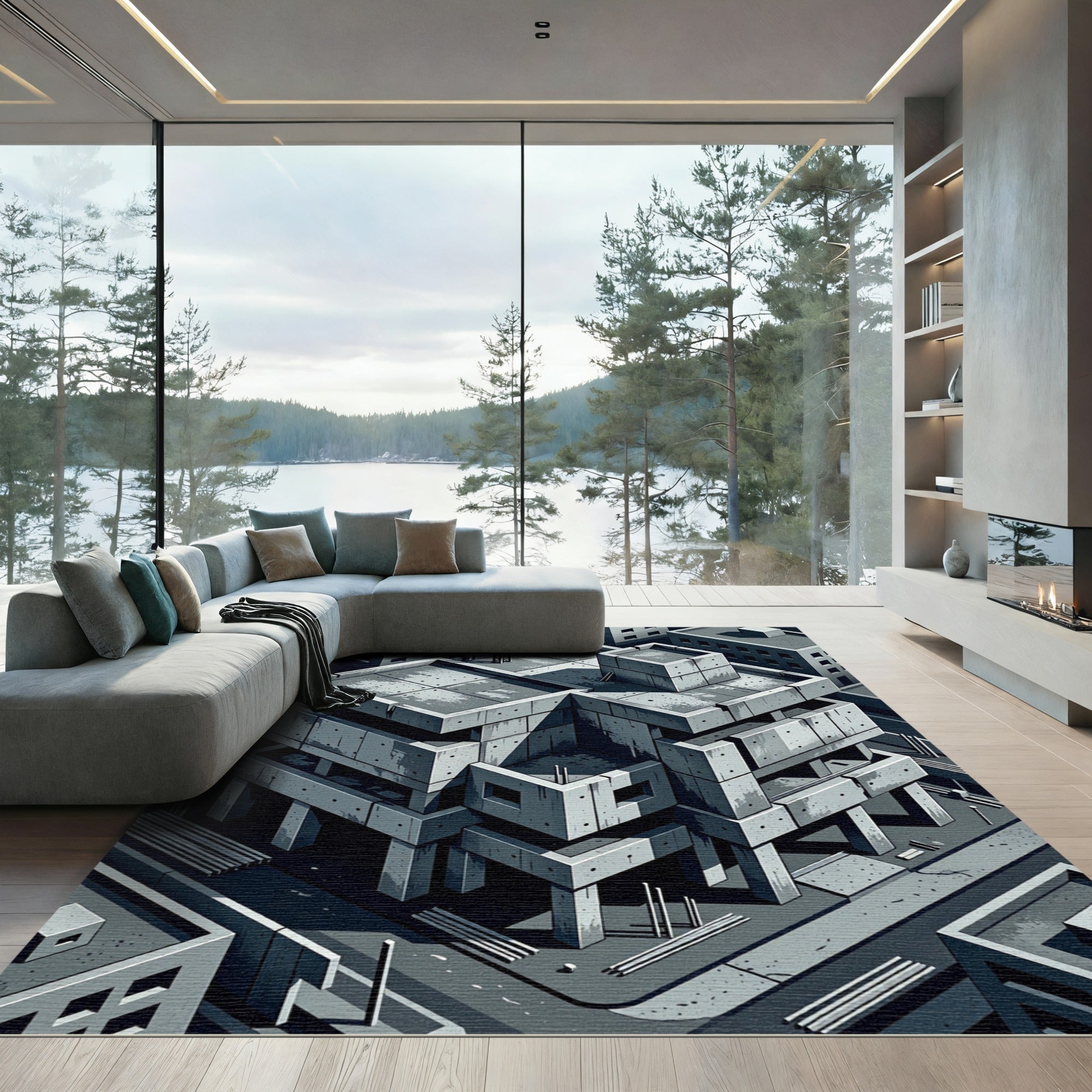 Modern Concrete Brutalist Cityscape Rug