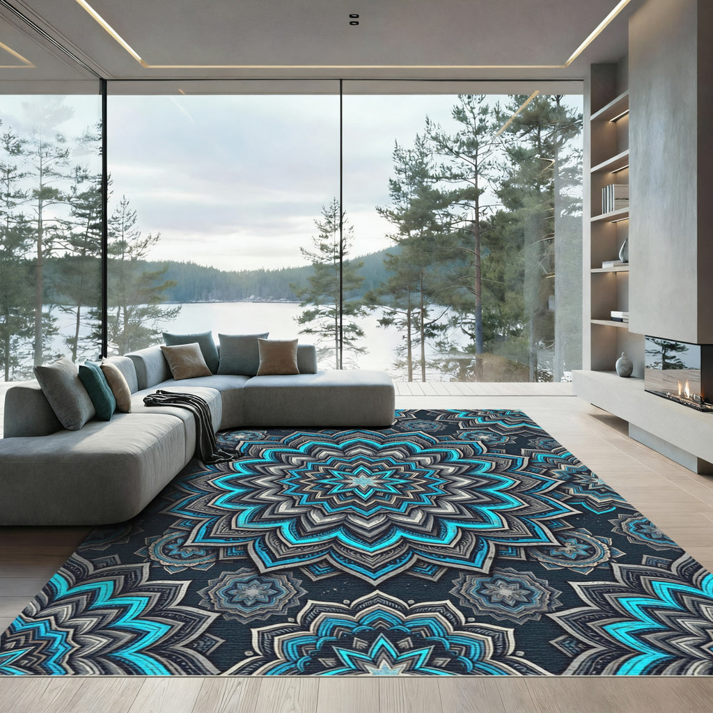 Radiant Teal and Charcoal Floral Medallion Rug