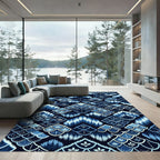 Deep Blue Scaled Ikat Floral Rug
