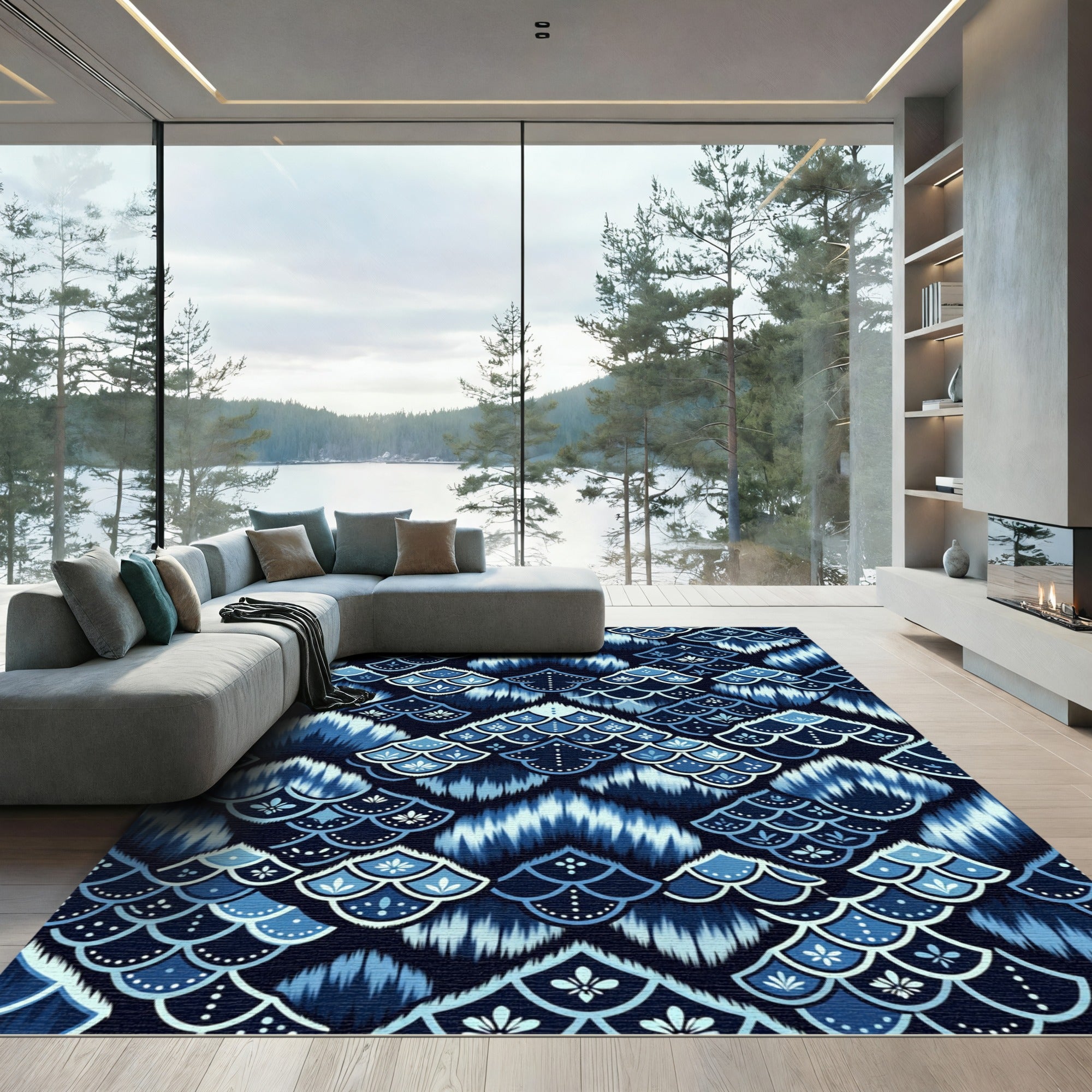 Deep Blue Scaled Ikat Floral Rug