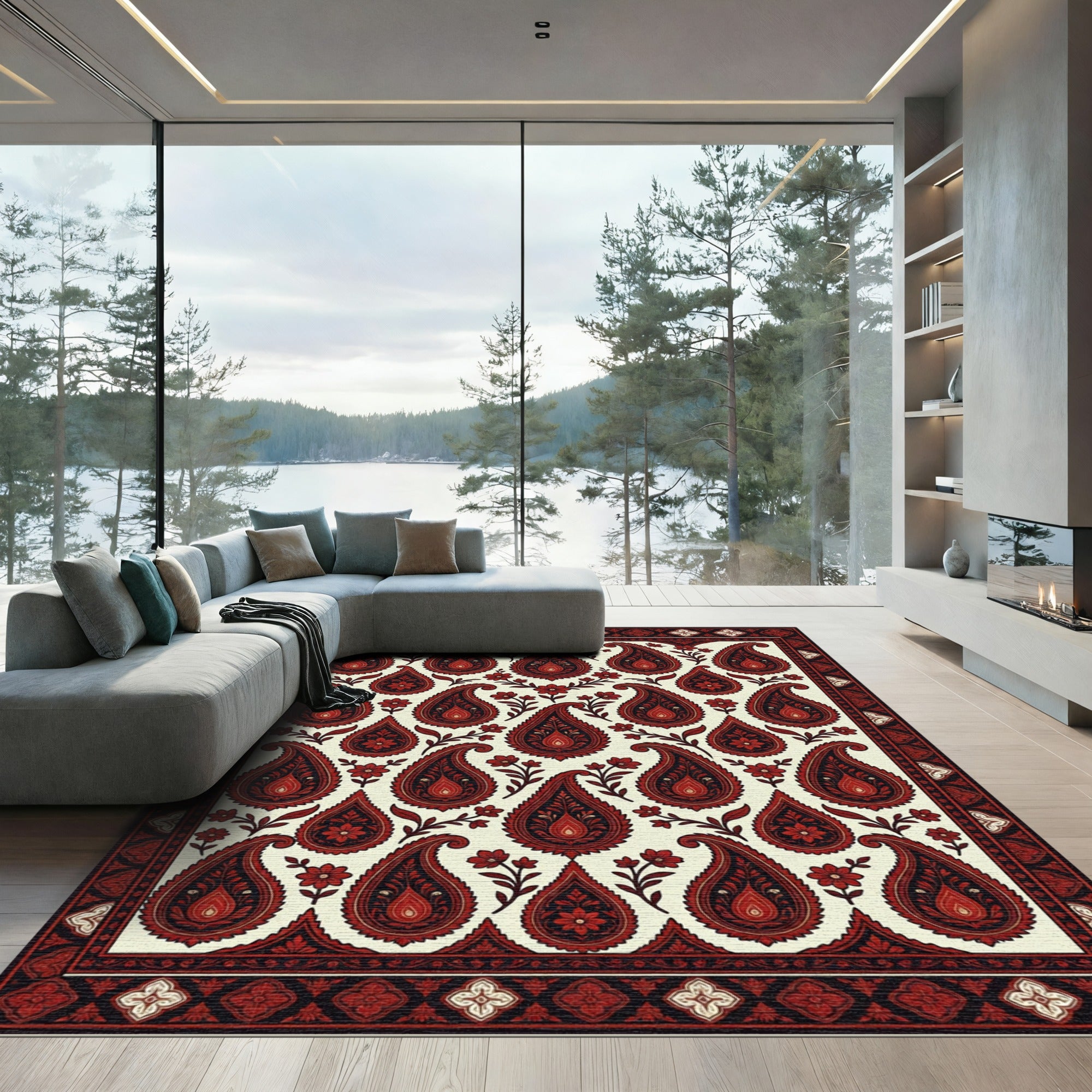 Crimson Floral Paisley Arrangement Rug
