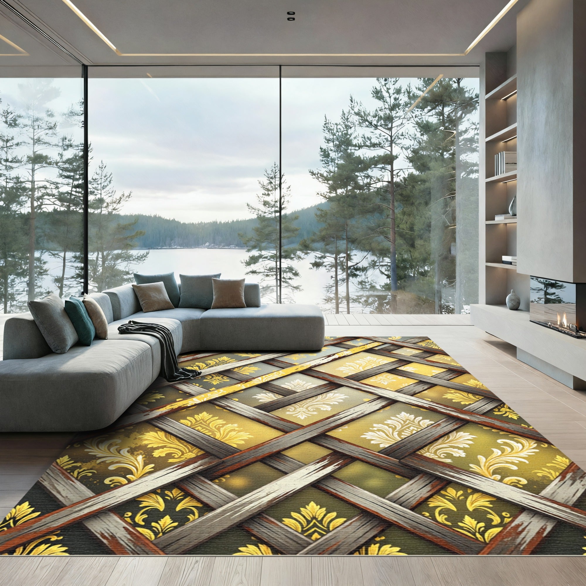 Golden Damask Lattice Weathered Wood Rug