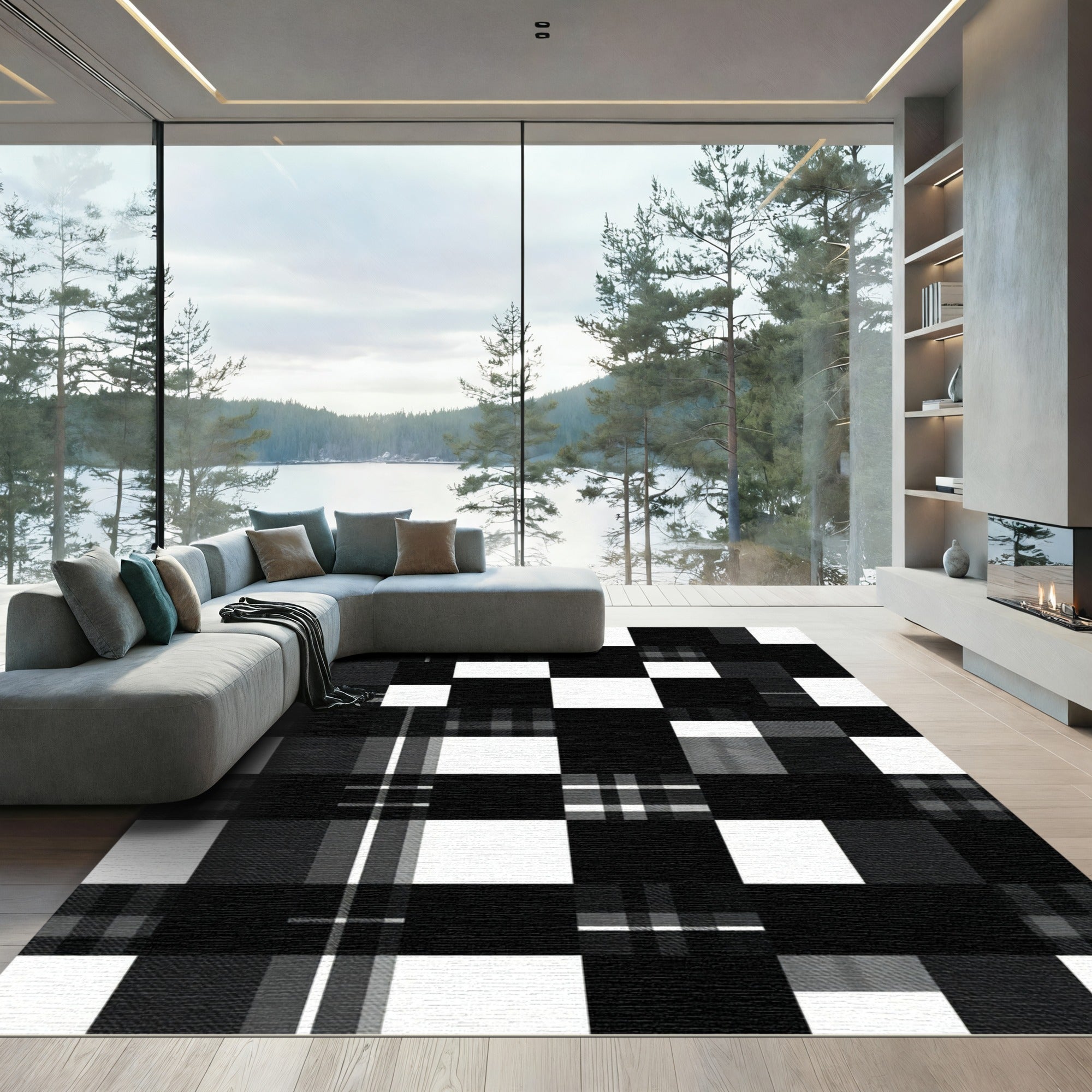 Bold Black and White Plaid Grid Rug