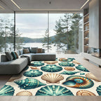 Teal and Cream Coastal Seashell Arrangement Rug