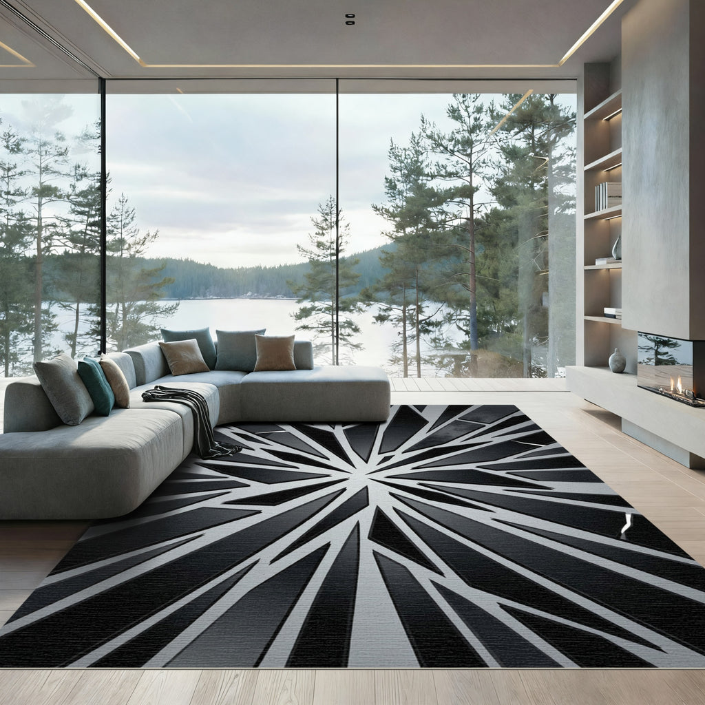 Modern Black and White Shattered Geometric Rug