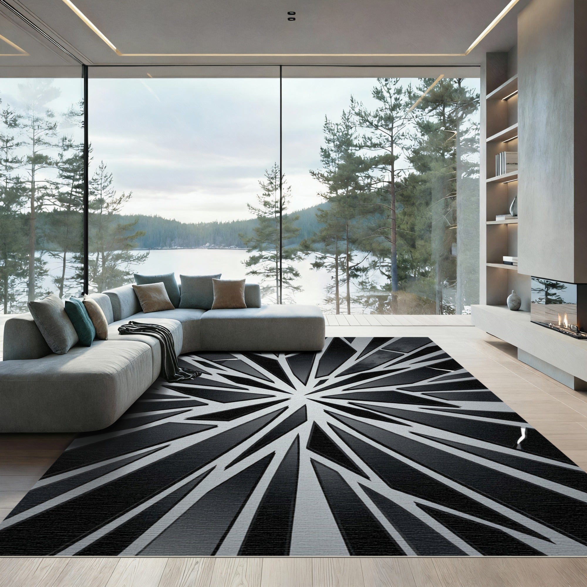Modern Black and White Shattered Geometric Rug