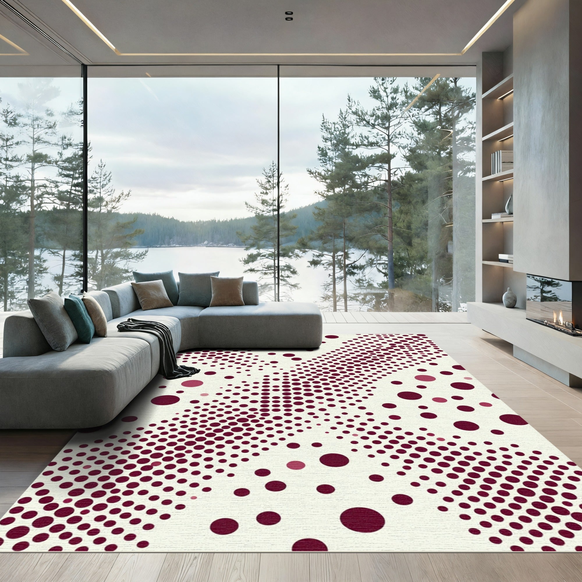 Modern Burgundy Polka Dot Abstract Art Rug