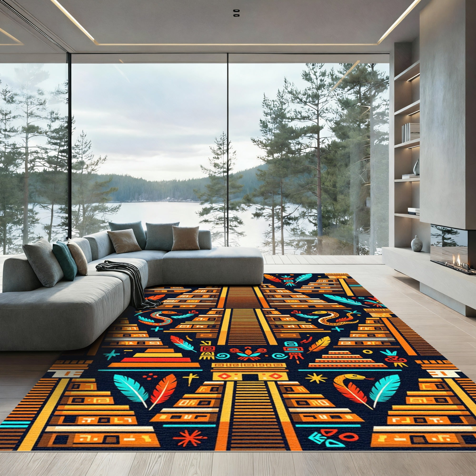 Vibrant Aztec Serpent Temple Art Rug
