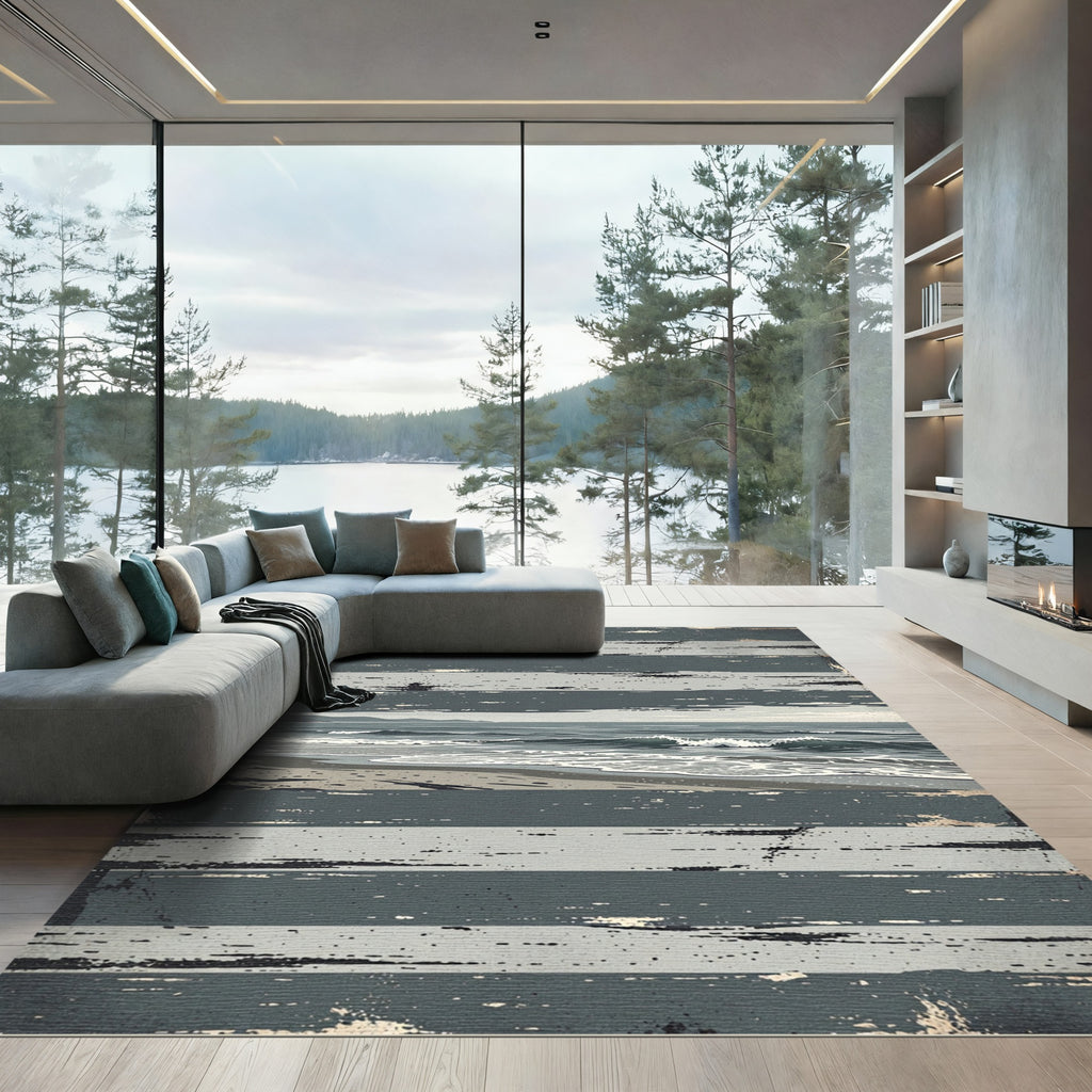 Distressed Coastal Horizon Line Design Rug