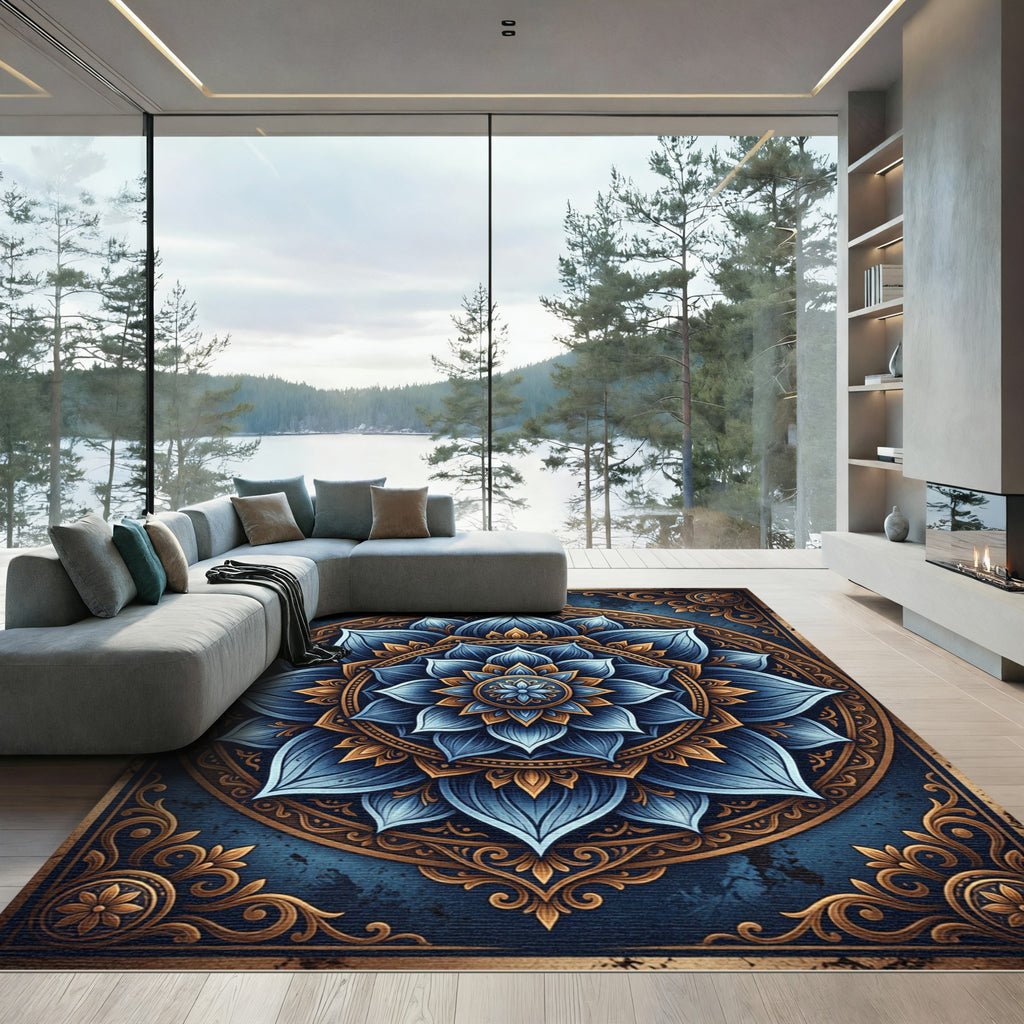 Elegant Navy Blue Floral Lotus Mandala Rug