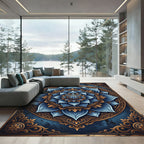 Elegant Navy Blue Floral Lotus Mandala Rug