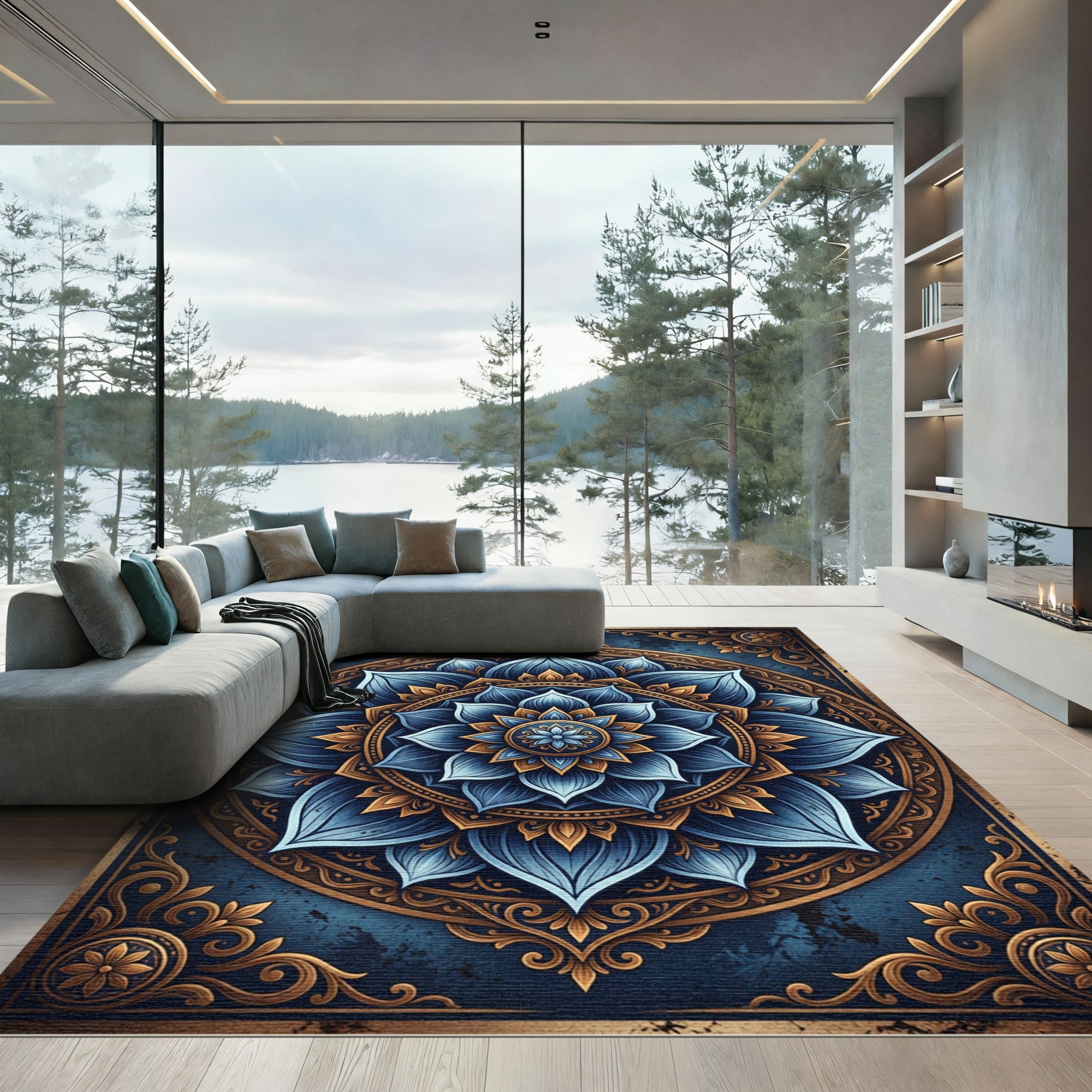 Elegant Navy Blue Floral Lotus Mandala Rug